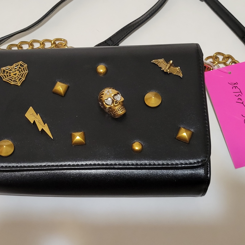 Black and Gold Embellished Betsey Johnson Crossbody Bag - Picture 2 of 8